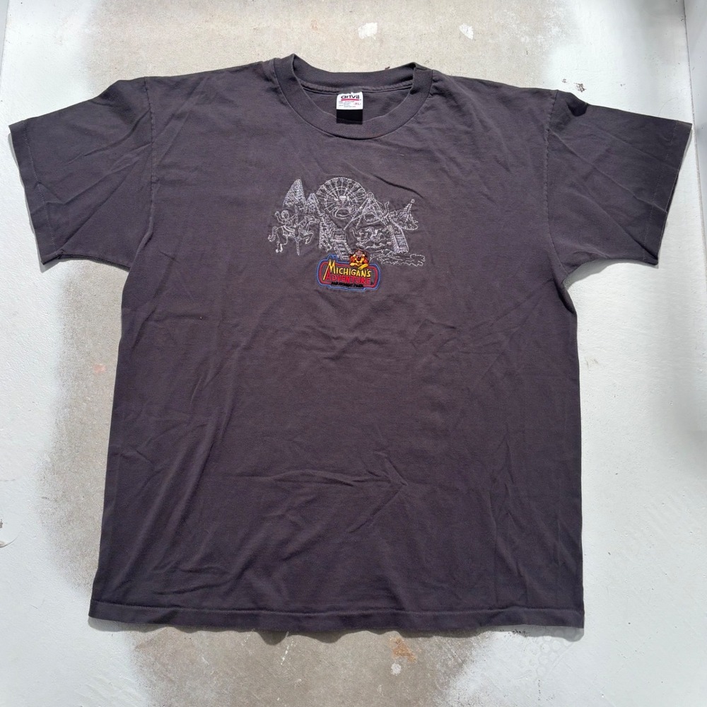 Vintage Michigan's Adventure T Shirt Mens XL Anvil Embroidered Faded Black Tee